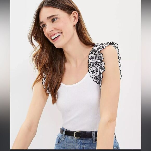 New LOFT Ann Taylor size XS ribbed embroidered eyelet ruffle sleeve NWT - Picture 8 of 8